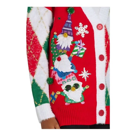 Holiday Time Embellished Cardigan Sweater Tunic Gnomes Snowflakes Argyle size M - Picture 2 of 16